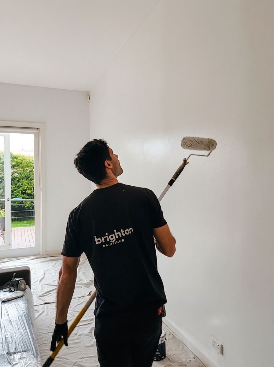 Andrew from Brighton Painting rolling an interior wall in a carefully protected room