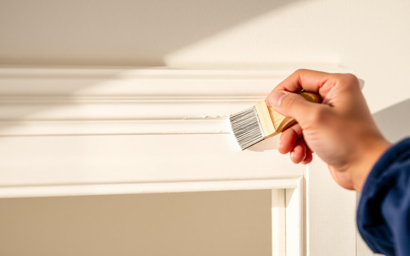 Painter carefully cutting in a crisp paint line on architrave